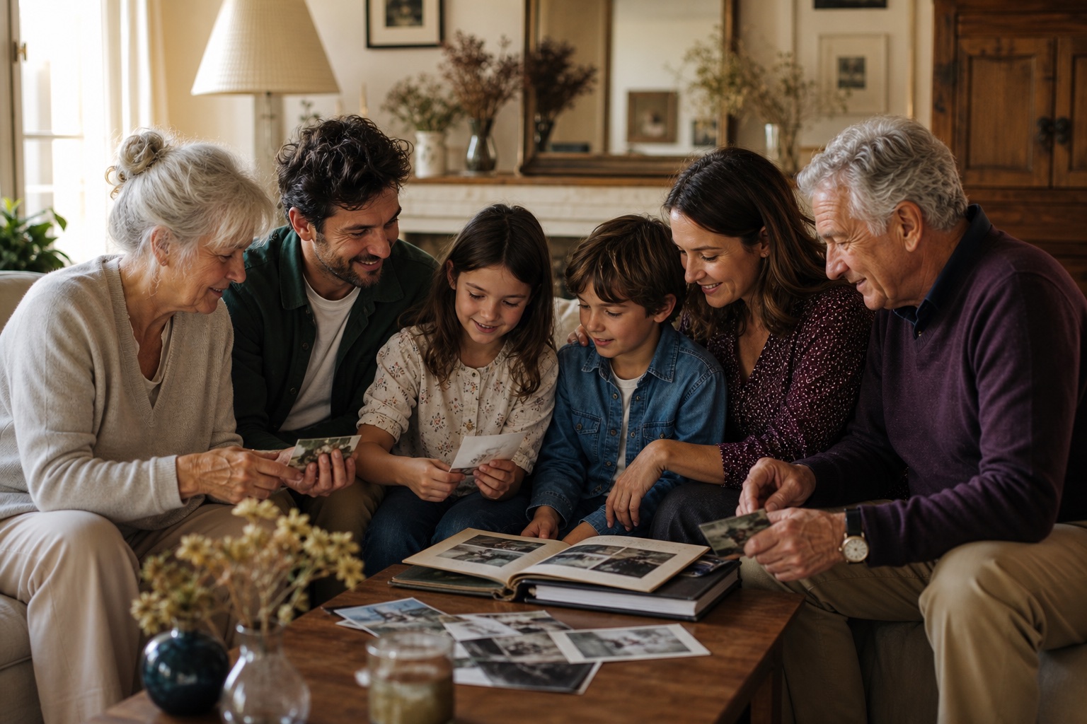 Trois générations d’une famille réunies autour d’un album et de photographies