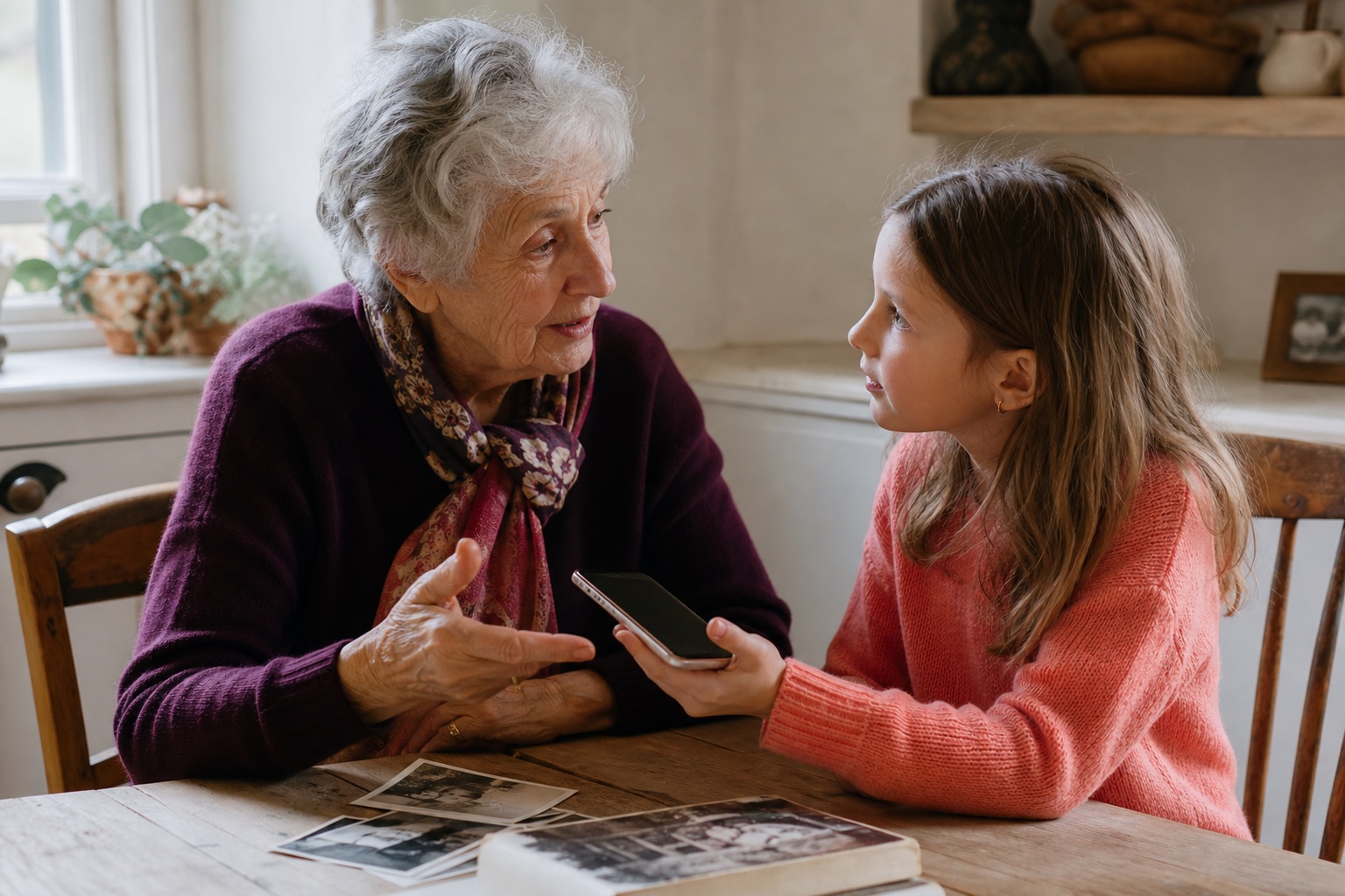 Une grand-mère raconte un souvenir à sa petite-fille qui enregistre sa voix