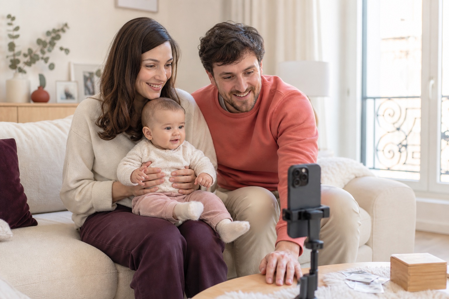 Deux parents enregistrent avec leur bébé un message vidéo à conserver pour plus tard